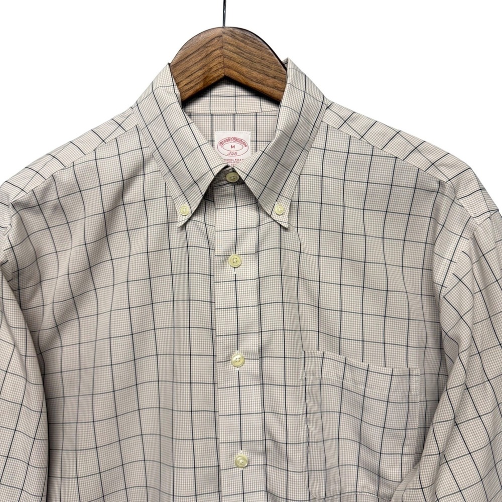 Brooks Brothers 346 Mens Dress Shirt Tan Windowpane Check Non-Iron Cotton Preppy